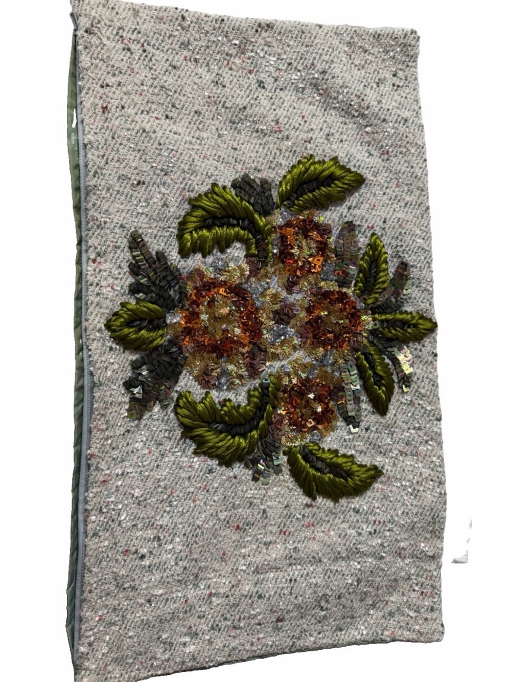 Vtg handmade Embellished Floral pillow cover in Ivory with Green Accents tweed